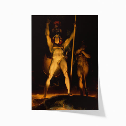 A reproduction of the artwork 'Satan Summoning his Legions' by Sir Thomas Lawrence, depicting a dramatic scene with a figure resembling Satan amidst dark clouds, surrounded by smaller figures representing demons.