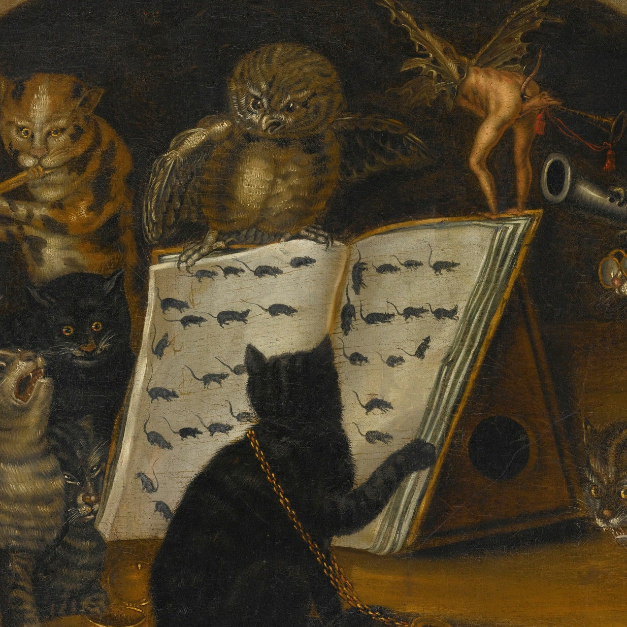 Cats Being Instructed in the Art of Mouse-Catching by an Owl | Lombard School | c. 1700