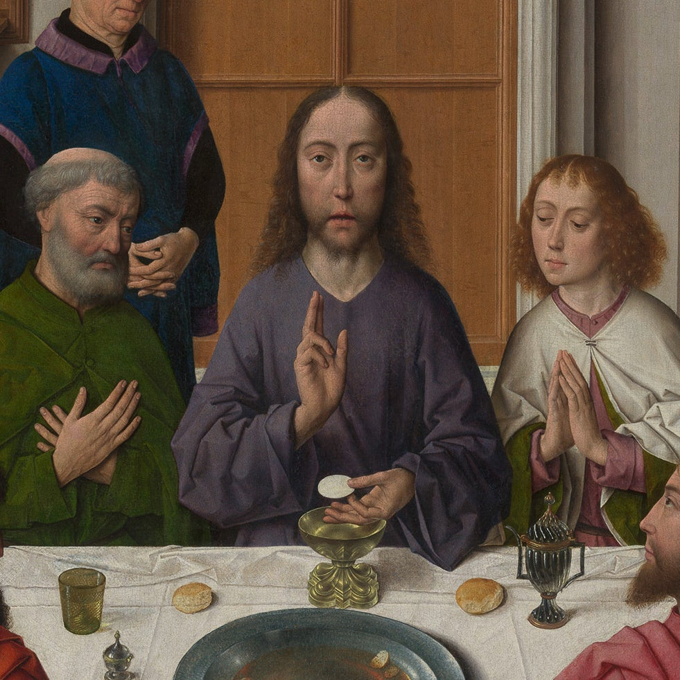 Reproduction of a famous painting of a religious scene with figures around a table.